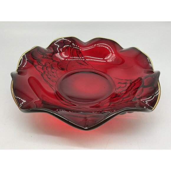 LG Wright Ruby Red Crimped Round Fruit Bowl Embossed Vintage 1960's to 70's Glow - Picture 9 of 16